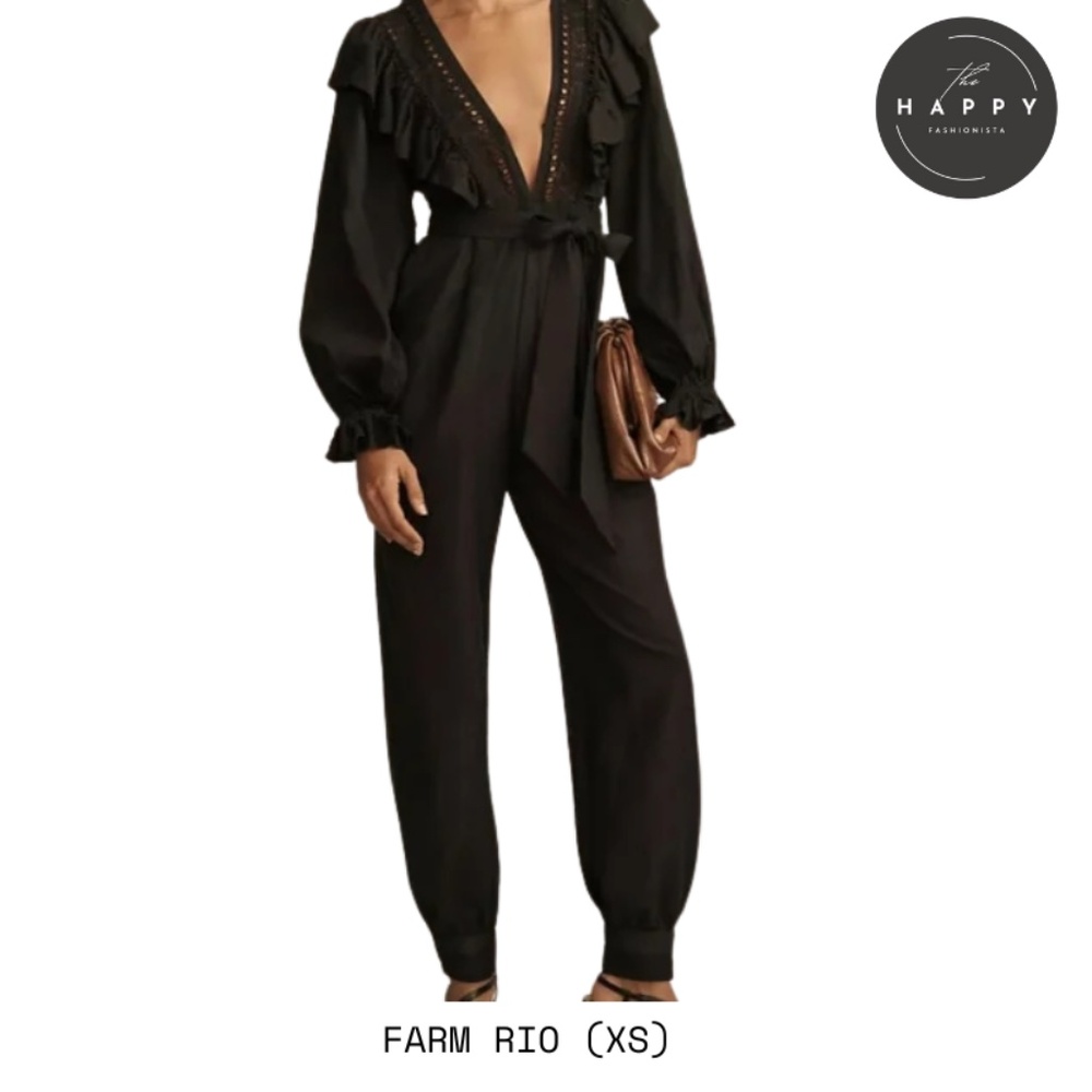 NWT Farm Rio Black Laces & Ruffle V-Neck Linen-Blend Jumpsuit (XS)